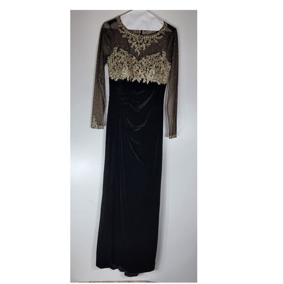 Xscape Beaded Illusion Bodice Velvet Evening Gown, Black & Gold, Womens Size 2 - Picture 2 of 12